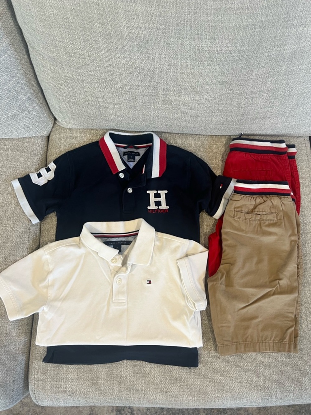 Tommy Hilfiger Navy & White Polo Tops with Red and Tan Shorts